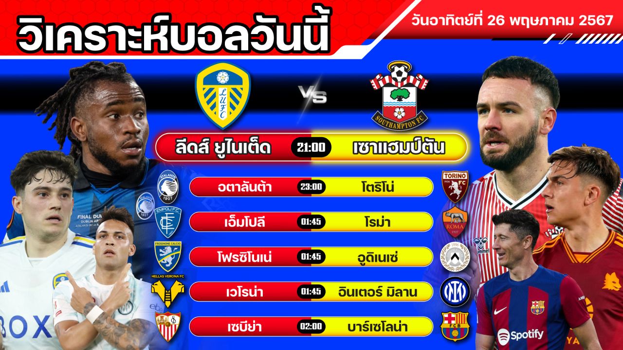 วิเคราะห์บอลวันนี้ | วันอาทิตย์ที่ 26 พฤษภาคม 2567 | ทีเด็ดบอล | สมหวังล้มโต๊ะ | บอลเต็ง