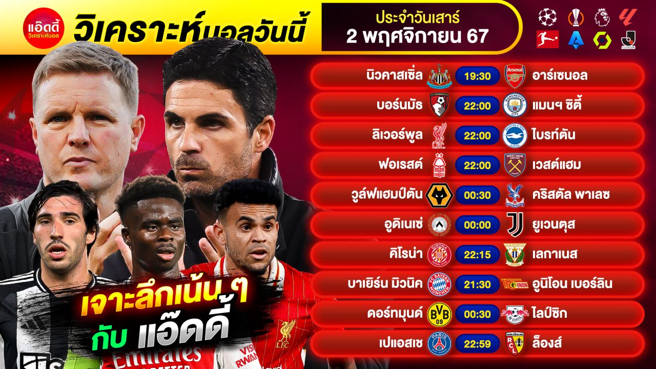 วิเคราะห์บอลวันนี้ by แอ๊ดดี้ ad333 ทีเด็ดบอล บอลเต็ง บอลสเต็ป | วันเสาร์ ที่ 2 พฤศจิกายน 2567