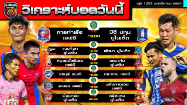 ดูวิเคราะห์ วิเคราะห์บอลวันนี้ | วันที่ 20 พฤศจิกายน 2567 | ช้าง เอฟเอคัพ 6 คู่ | by อาทิตย์ บอลเต็ง | by อาทิตย์ บอลเต็ง